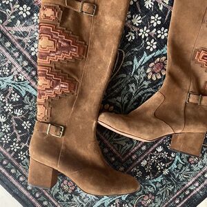 Gianni Bini Aztec Boots Knee High Embroidered Brown Leather Suede Buckle Zip 11M